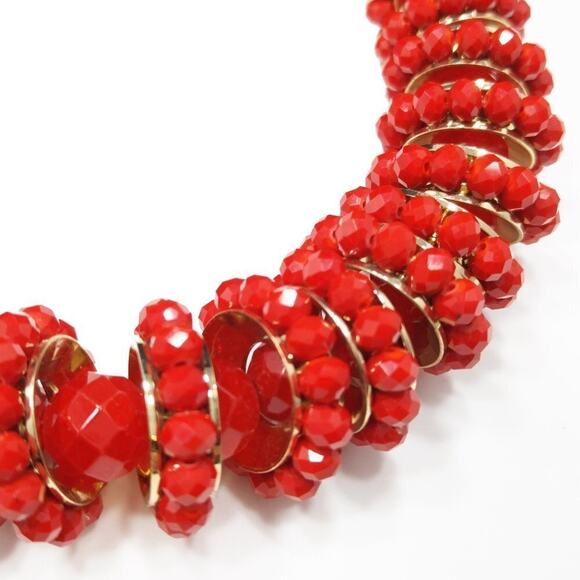 Red Crystal Necklace, Beaded Statement Choker Gold Accents, 22 Inches - Picture 5 of 11